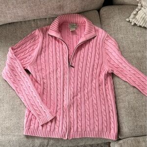 L.L.Bean Chunky Knit Pink Sweater Jacket with Zipper Long Sleeve 100% Cotton Y2K